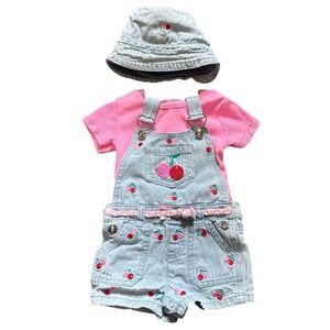 Little Lass Shortall 3pc Set 12M Pink‎ Ribbed Cherries